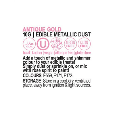 Vivid Antique Gold Edible Metallic Dust - Ingredients and Information Label