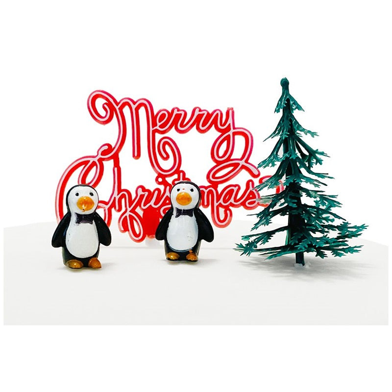 Nostalgic Penguins scene Christmas Cake Topper and Red Merry Christmas Motto