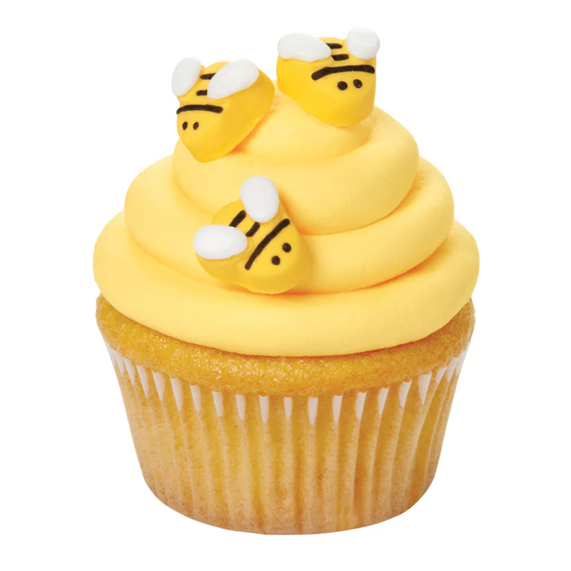 Example of use, Royal icing bees on top of a beehive shaped piped Yellow Buttercream Cupcake