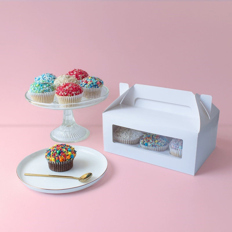 Example of use: Selection of cupcakes boxed in the holds 6 cupcake box with carry handle