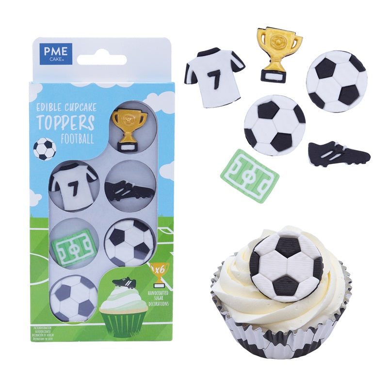 Edible cupcake toppers pack of 6 gumpaste icing decorations Soccer Football