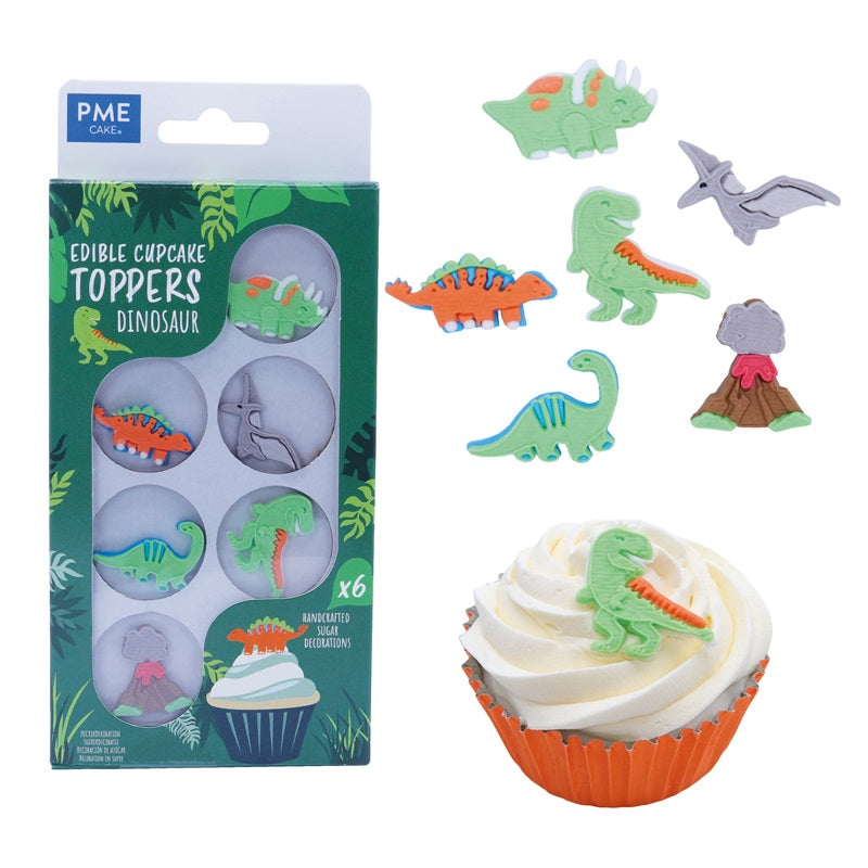 Edible cupcake toppers pack of 6 gumpaste icing decorations Dinosaurs