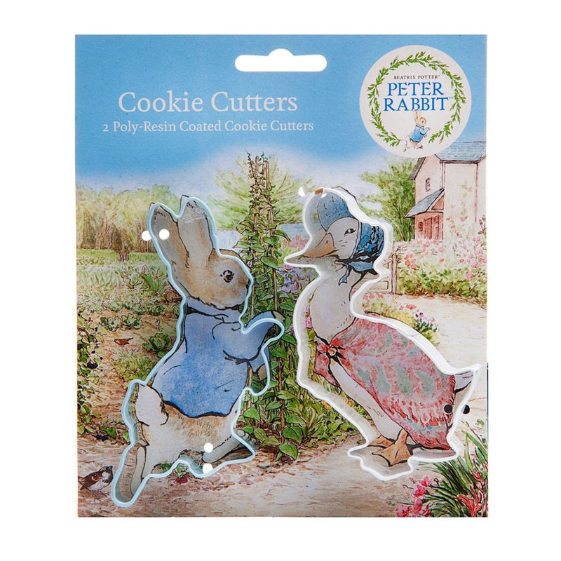 Peter Rabbit™ and Jemima Puddle Duck Cookie Cutter Set, packet card has a delightful Beatrix Potter drawing of Peter Rabbit and Jemima Puddle Duck in the Vege patch