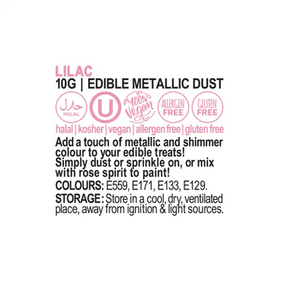 Vivid Lilac edible metallic lustre dust ingredients label