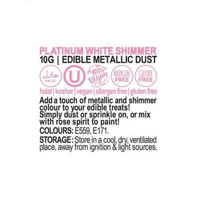 Vivid Platinum White Shimmer Edible Metallic Dust - Ingredients and Information Label