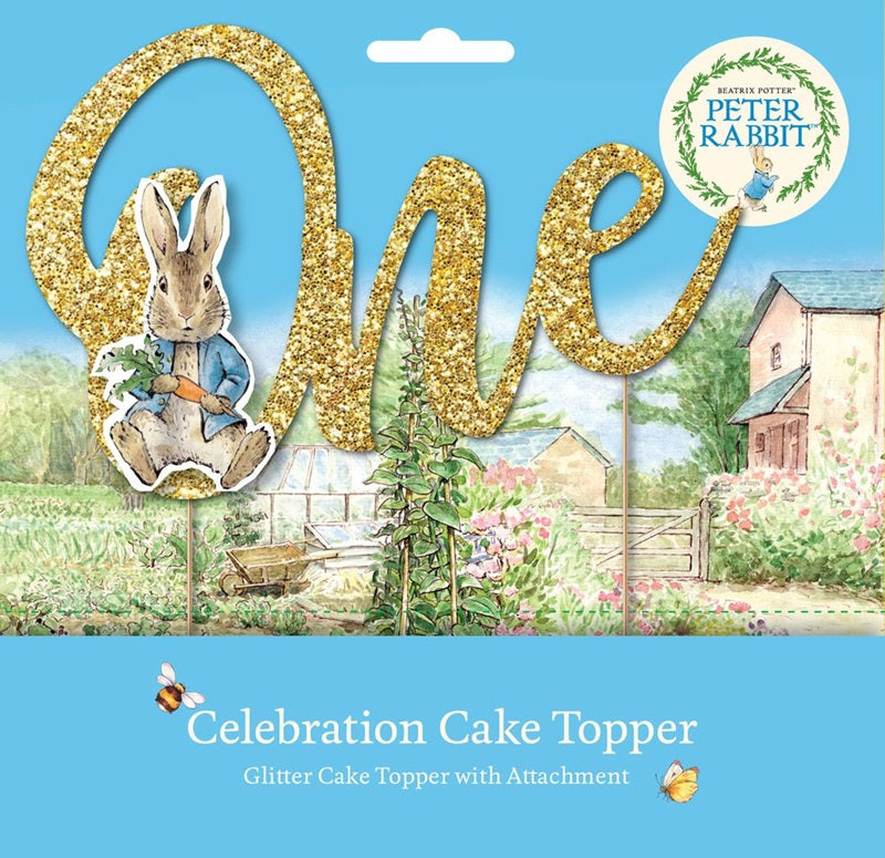 Peter Rabbit Celebration Cake Topper, Gold Glitter "One" with a cute Peter Rabbit