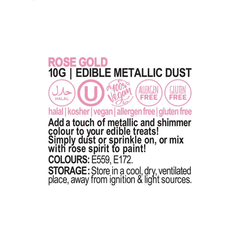 Vivid Rose Gold Edible Metallic Dust - Ingredients and Information Label