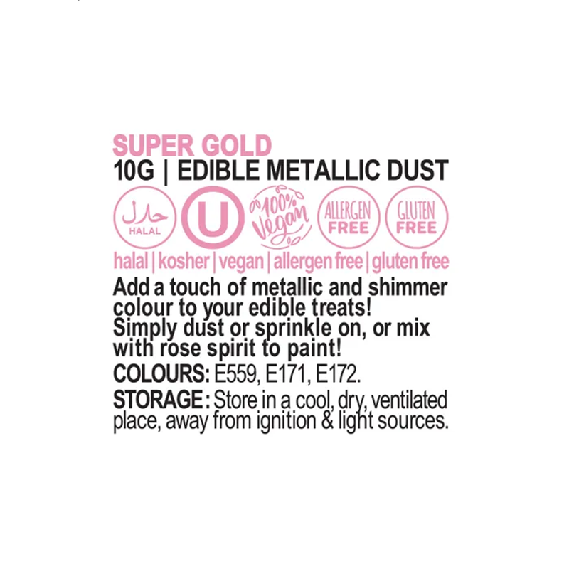 Vivid Super Gold Edible Metallic Dust - Ingredients and Information Label