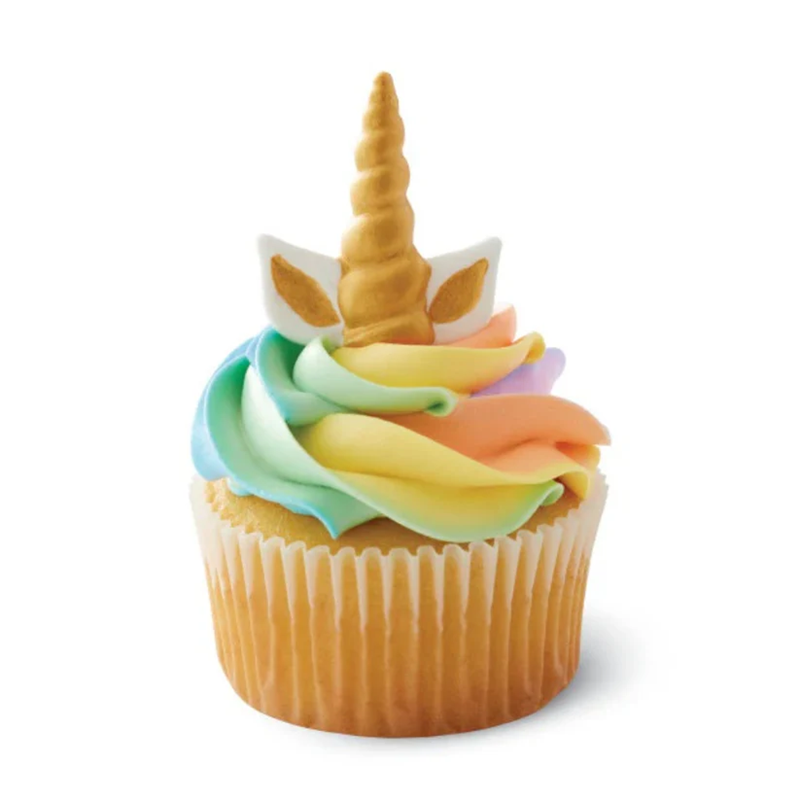 Example of use, Rainbow Swirled Buttercream icing cupcake adorned with a single Unicorn horn and ears Royal Icing decoration