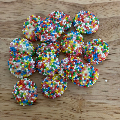 White Chocolate speckles with Rainbow Non Pareils