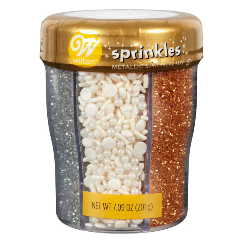 Metallic Sprinkles Gold Silver & pearl Mix with dispensing Lid 6 cell container