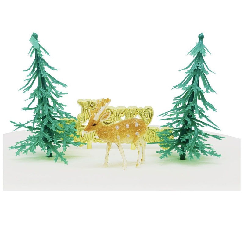 Festive Forest Christmas trees reindeer and Gold Merry Christmas Motto