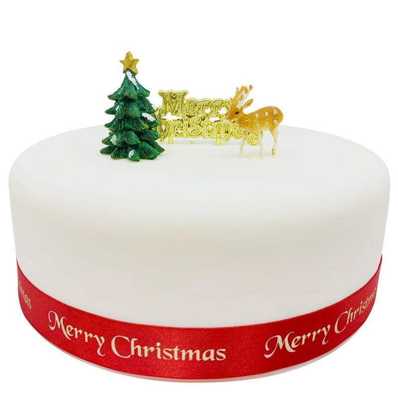 Christmas tree Green Resin Cake Topper and Gold Merry Christmas Motto with reindeer