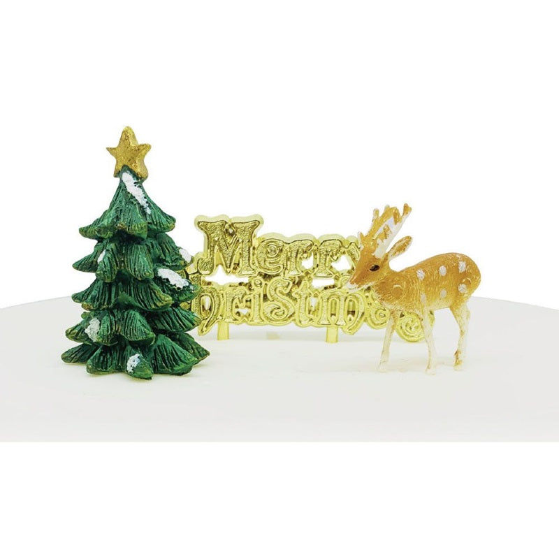 Christmas tree Green Resin Cake Topper and Gold Merry Christmas Motto with reindeer