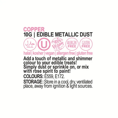 Vivid Copper edible metallic lustre dust ingredients label