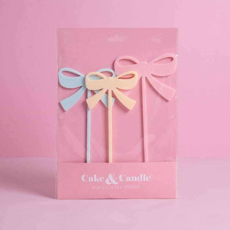 Bows set 3 acrylic cake toppers pastel milkshake colours