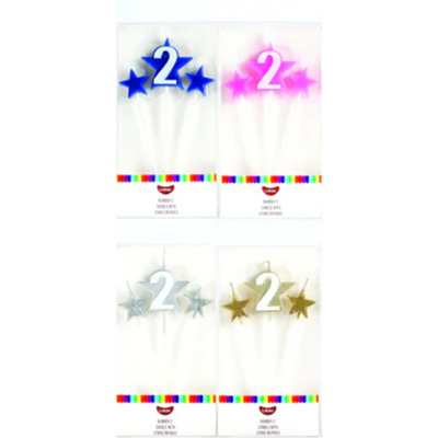 Number Star Pick candle set with Numeral 2 Blue