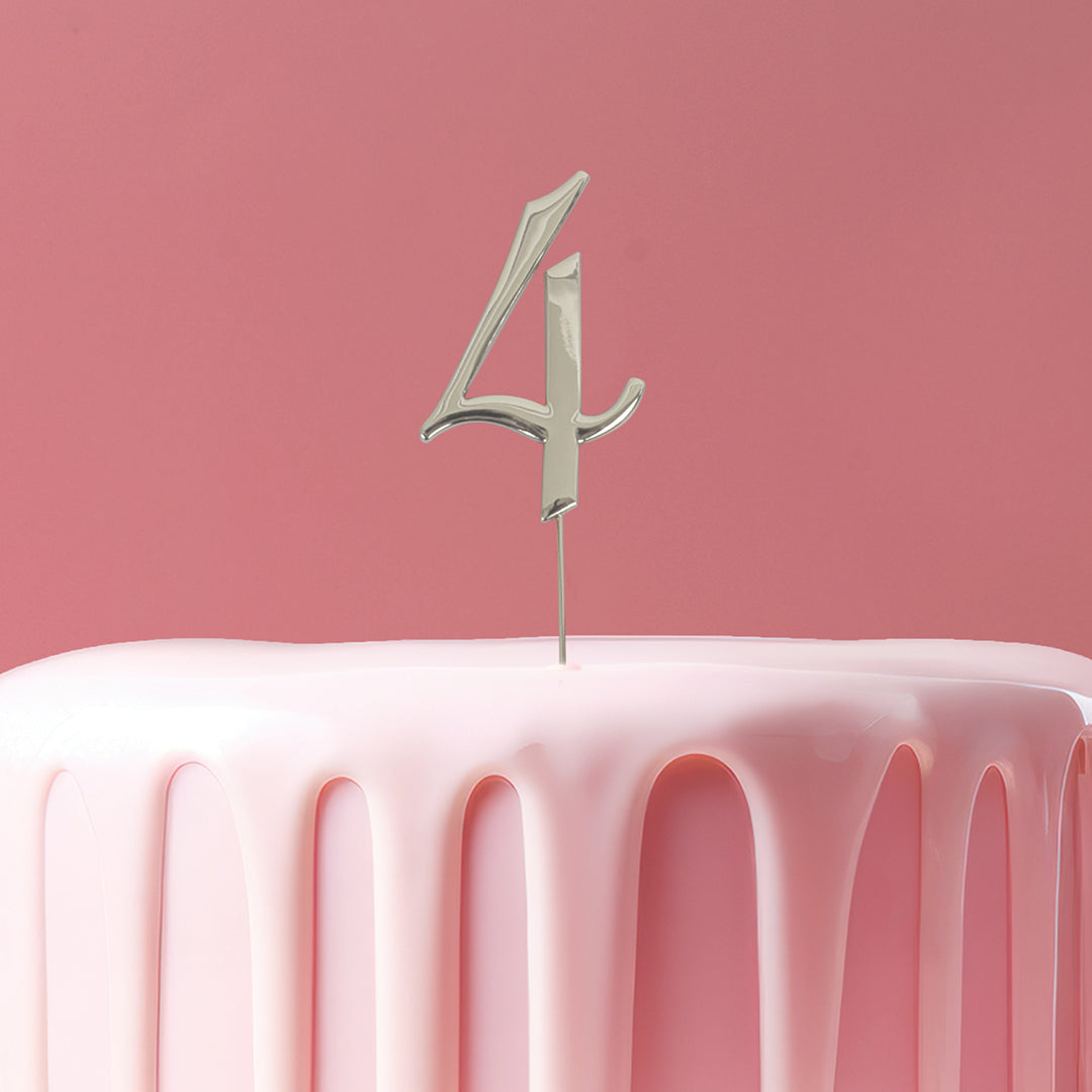 Silver metal numeral 4 cake topper pick