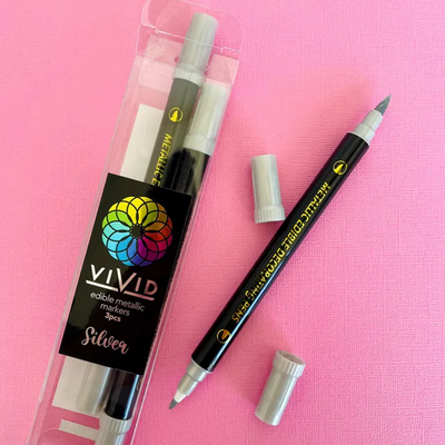 Vivid Edible Metallic twin tip marker pens by Cake Craft Pack of 3 SILVER