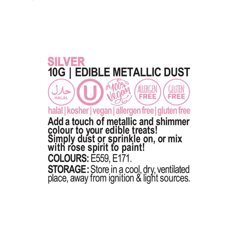 Vivid Silver Edible Metallic Dust - Ingredients and Information Label