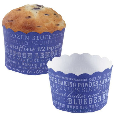 Straight sided cupcake papers BLUE with printed recipe style words