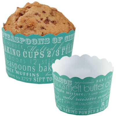 Straight sided cupcake papers TEAL with printed recipe style words