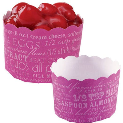 Straight sided cupcake papers PINK with printed recipe style words