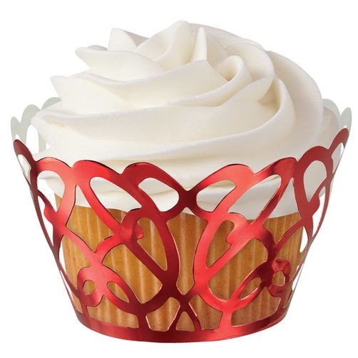 Red metallic filigree lace scrolls cupcake wrappers