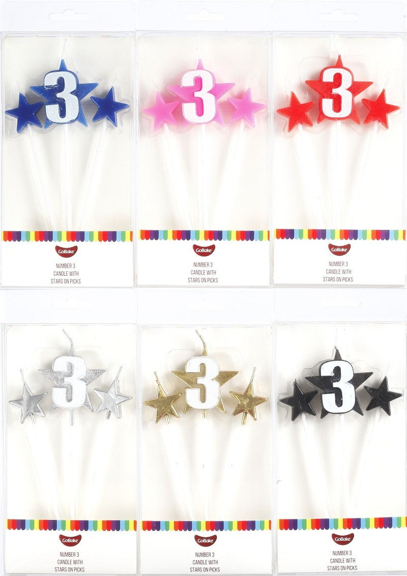 Number Star Pick candle set with Numeral 3 Pink