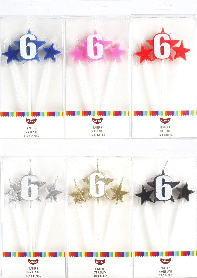 Number Star Pick candle set with Numeral 6 Gold