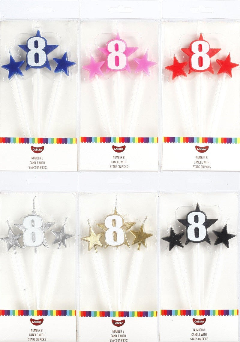 Number Star Pick candle set with Numeral 8 Blue