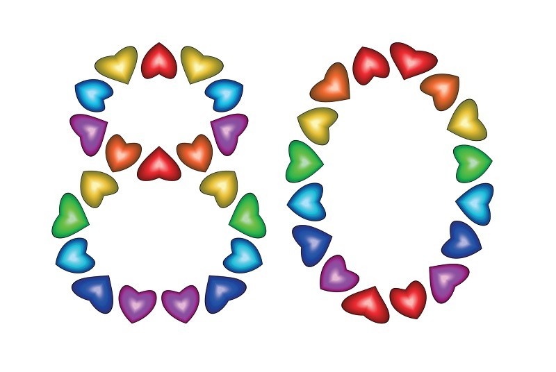 Design Sheet edible images 80th Birthday No 80 Rainbow Hearts