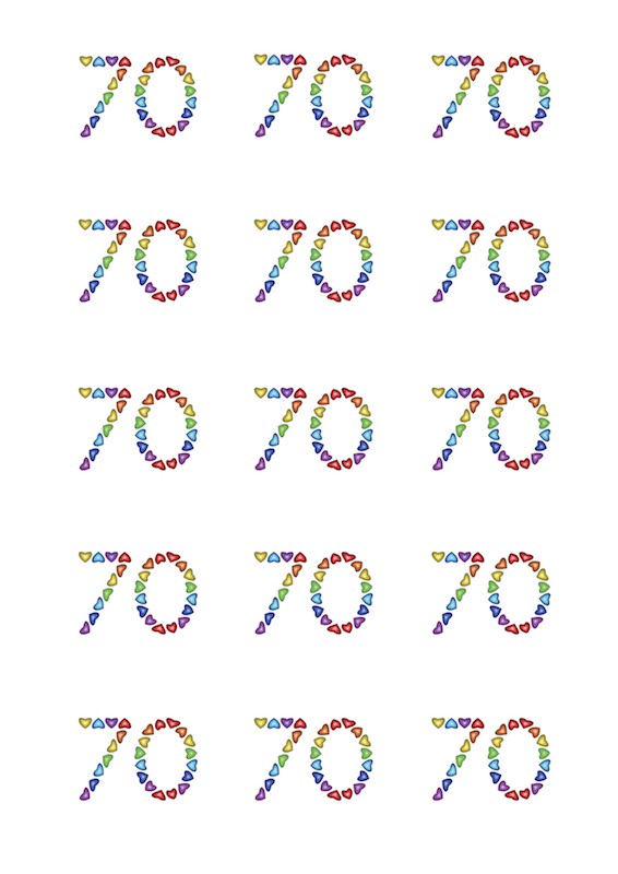 Design Sheet edible images 70th Birthday No 70 Rainbow Hearts