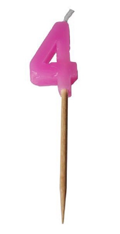 Alphabet or numeral candle on wooden pick NUMBER 4 Pink