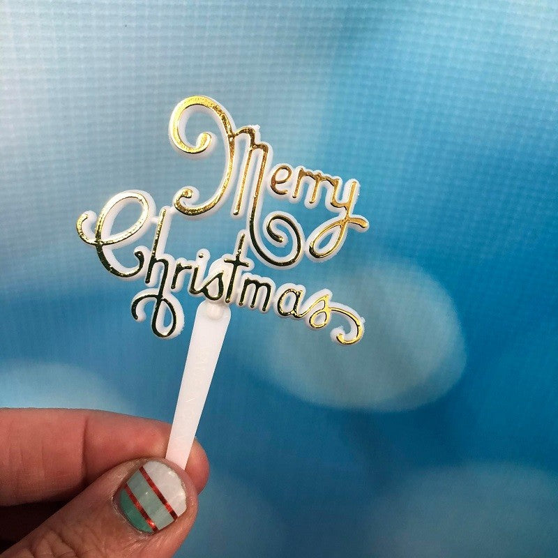 Merry Christmas plastic cake topper pick plaque script Gold