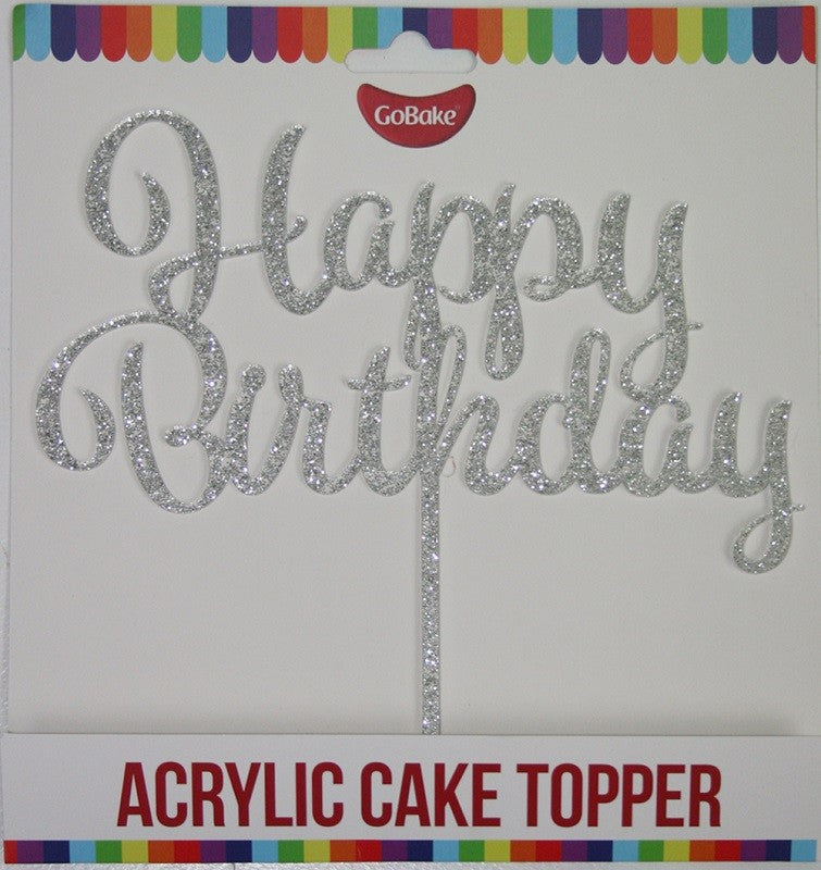 Gobake HAPPY BIRTHDAY Acrylic economy topper Silver GLITTER - Kiwicakes