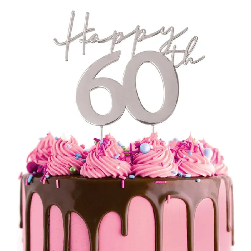 SILVER METAL CAKE TOPPER Happy 60TH