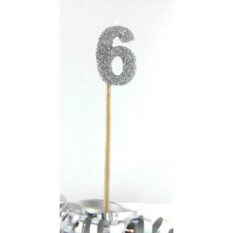 Long wooden pick candle Number 6 Silver Glitter