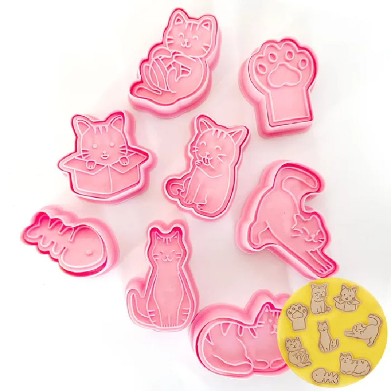 Cats cookie cutters with matching stamp embosser set of 8