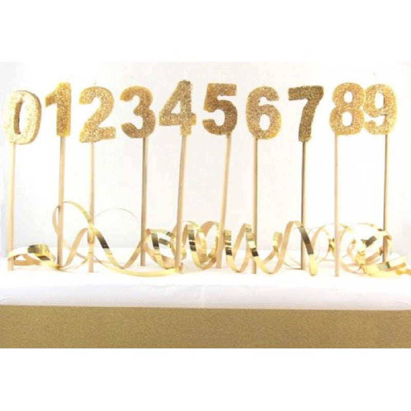 Long wooden pick candle Number 9 Gold Glitter